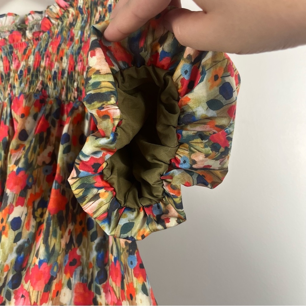 TCEC GREEN FLORAL SMOCK TOP puff sleeve cotton size medium - Picture 6 of 7